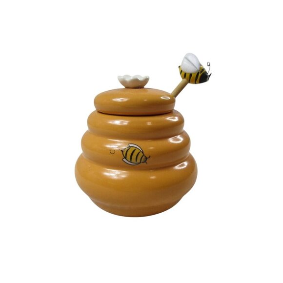 Honey‎ Miel Ceramic Beehive Honey Pot with Lid and Wooden Bumblebee Dipper Stick - Picture 1 of 7